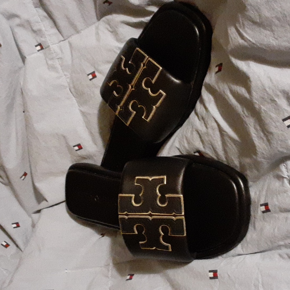 Tory Burch Double T Sport Slide Black & Gold